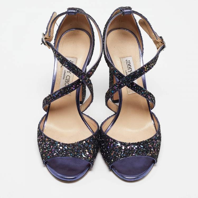 Pre Owned Jimmy Choo Purple Coarse Glitter Carrie Sandals Size 40