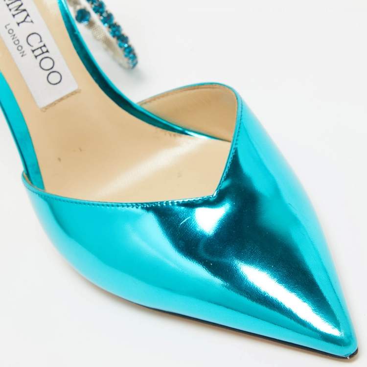مملوكة مسبقًا Jimmy Choo Blue Patent Leather Saeda Crystal Embellished Pointed Toe Pumps 40