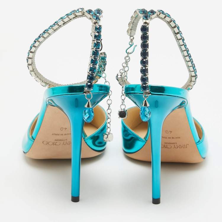 مملوكة مسبقًا Jimmy Choo Blue Patent Leather Saeda Crystal Embellished Pointed Toe Pumps 40