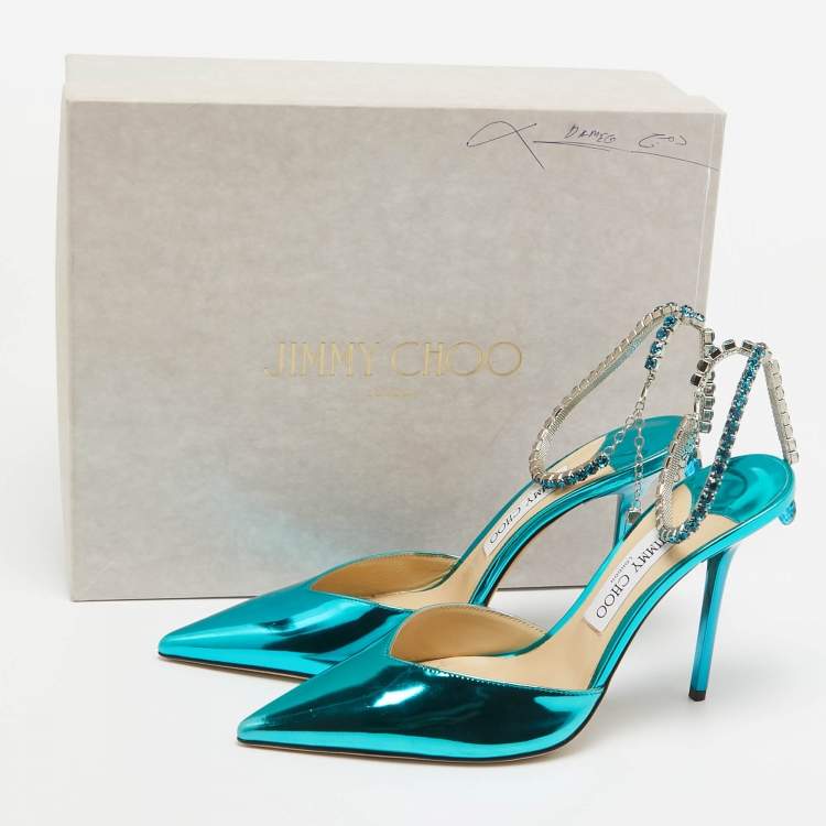 مملوكة مسبقًا Jimmy Choo Blue Patent Leather Saeda Crystal Embellished Pointed Toe Pumps 40