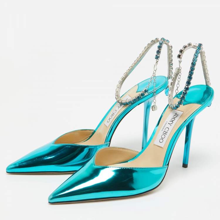مملوكة مسبقًا Jimmy Choo Blue Patent Leather Saeda Crystal Embellished Pointed Toe Pumps 40