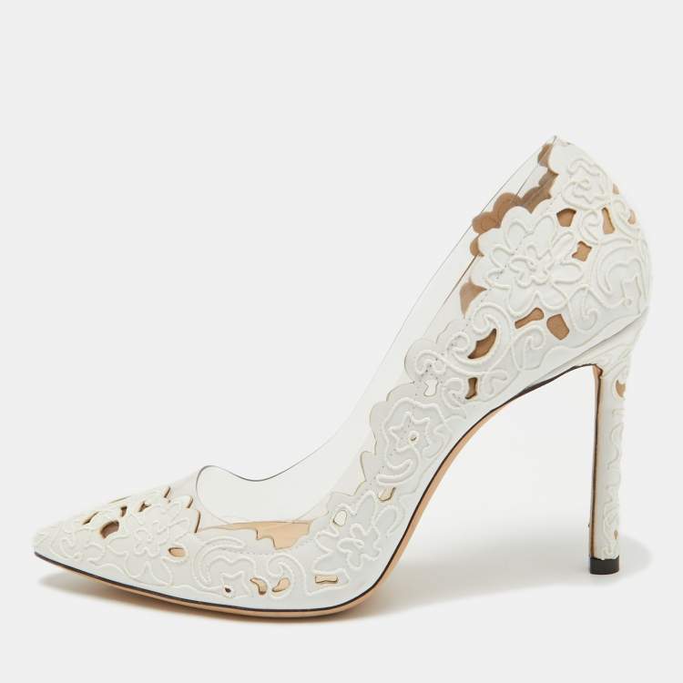 Pre Owned Jimmy Choo White Laser Cut Fabric and PVC Romy Pumps Size 37.5