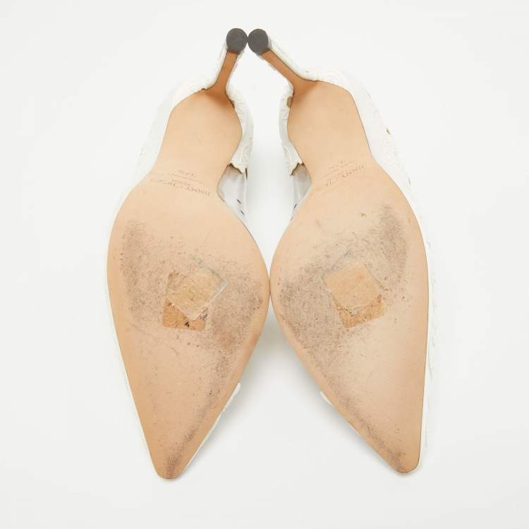Pre Owned Jimmy Choo White Laser Cut Fabric and PVC Romy Pumps Size 37.5