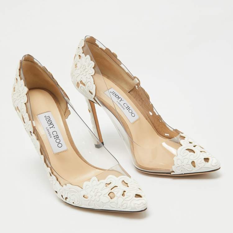 Pre Owned Jimmy Choo White Laser Cut Fabric and PVC Romy Pumps Size 37.5
