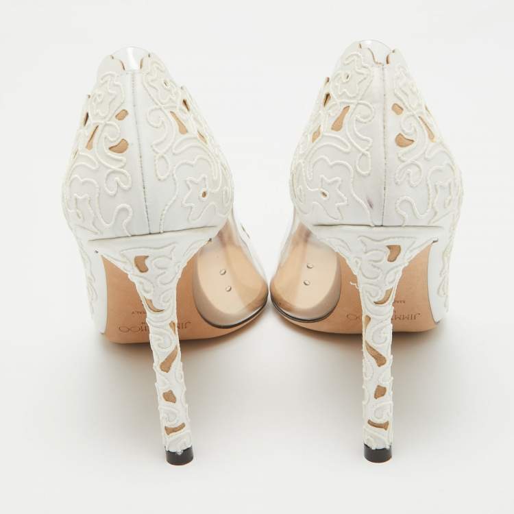 Pre Owned Jimmy Choo White Laser Cut Fabric and PVC Romy Pumps Size 37.5