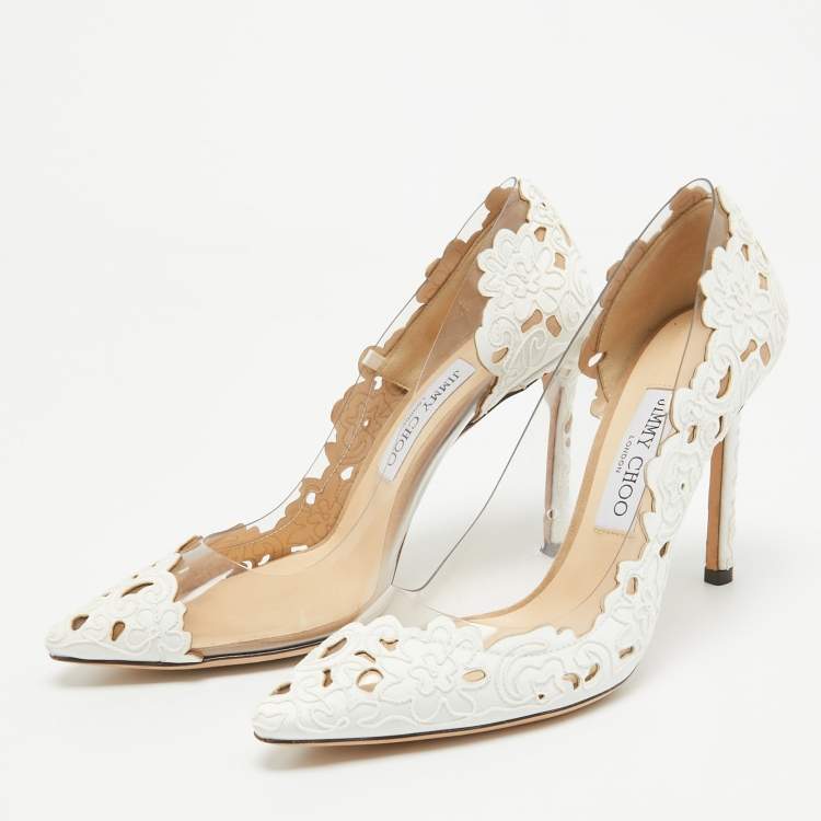 Pre Owned Jimmy Choo White Laser Cut Fabric and PVC Romy Pumps Size 37.5