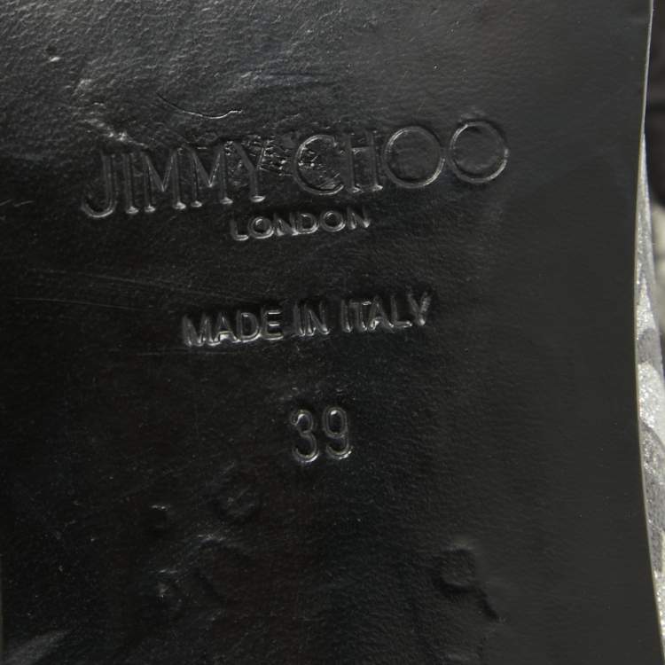 Pre Owned Jimmy Choo Silver/Black Glitter Fabric Sache JC Monogram Smoking Slippers Size 39