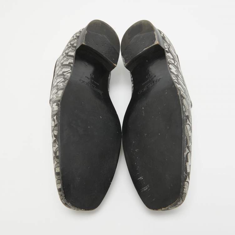 Pre Owned Jimmy Choo Silver/Black Glitter Fabric Sache JC Monogram Smoking Slippers Size 39