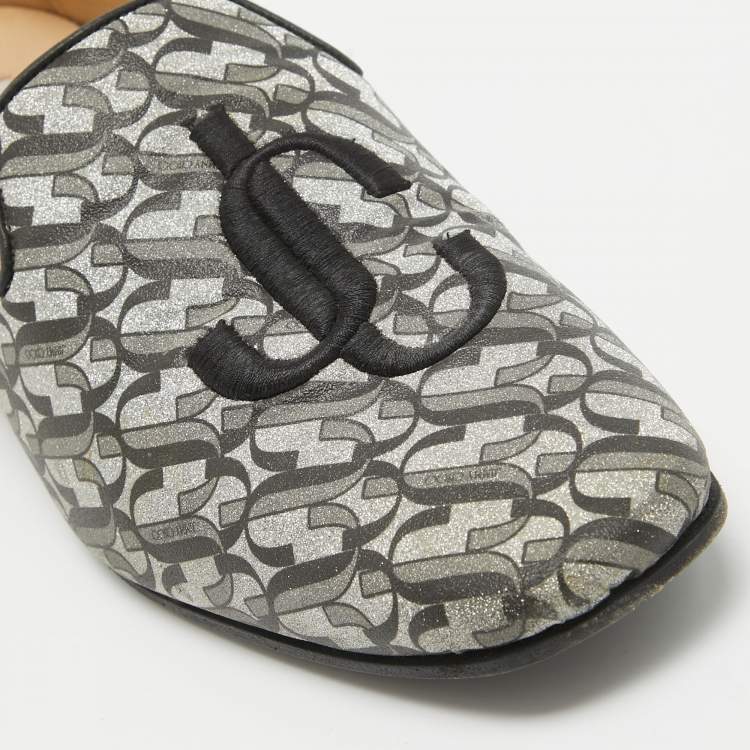 Pre Owned Jimmy Choo Silver/Black Glitter Fabric Sache JC Monogram Smoking Slippers Size 39