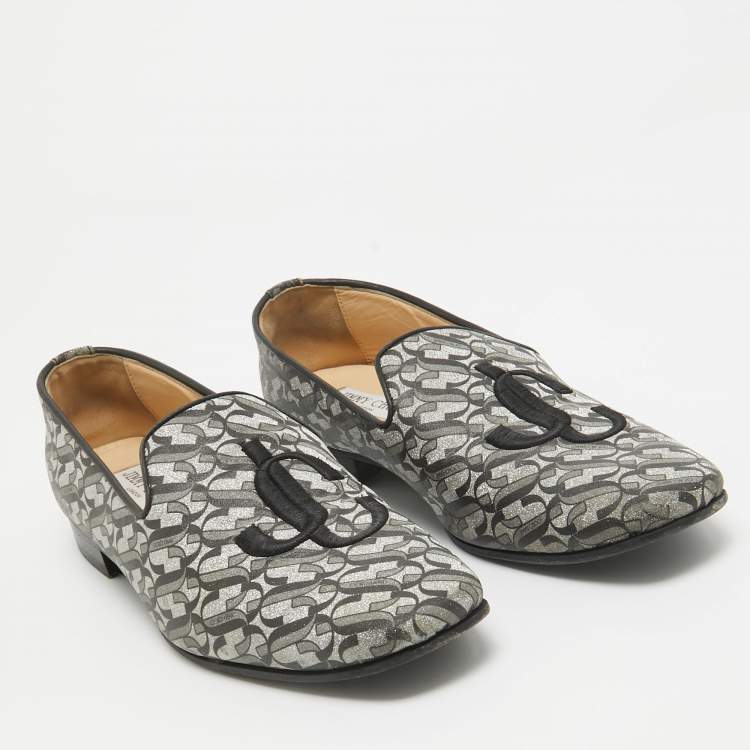 Pre Owned Jimmy Choo Silver/Black Glitter Fabric Sache JC Monogram Smoking Slippers Size 39