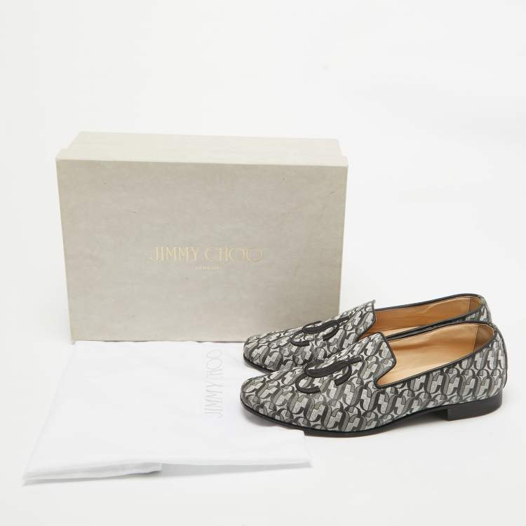 Pre Owned Jimmy Choo Silver/Black Glitter Fabric Sache JC Monogram Smoking Slippers Size 39