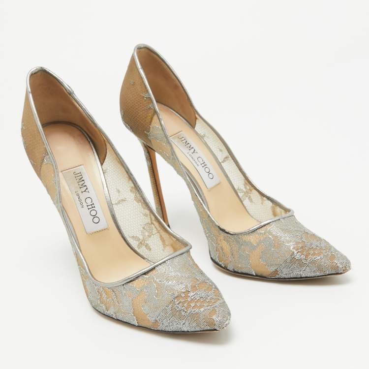 Pre Owned Jimmy Choo Metallic Grey Lace Romy Pumps Size 38