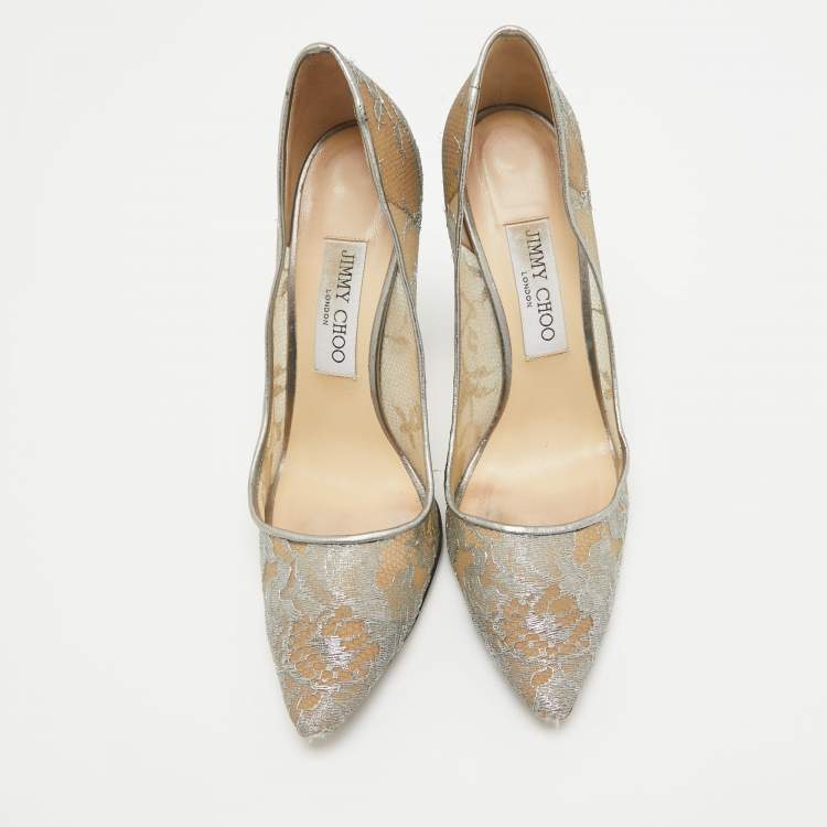 Pre Owned Jimmy Choo Metallic Grey Lace Romy Pumps Size 38