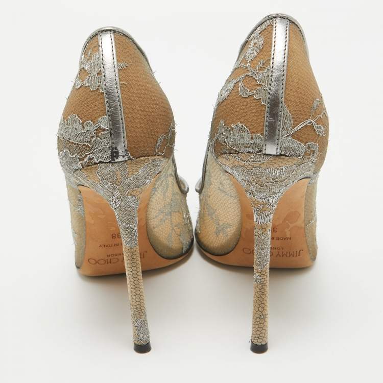 Pre Owned Jimmy Choo Metallic Grey Lace Romy Pumps Size 38