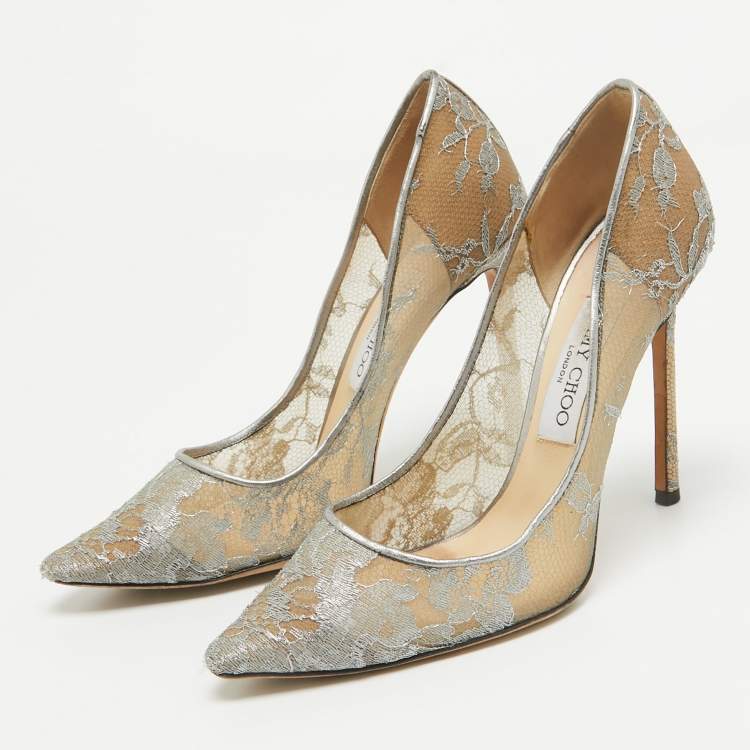Pre Owned Jimmy Choo Metallic Grey Lace Romy Pumps Size 38
