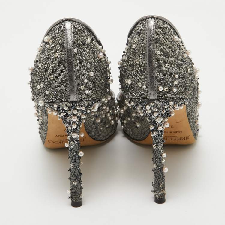 Pre Owned Jimmy Choo Grey Embellished Lace Romy Pumps Size 37