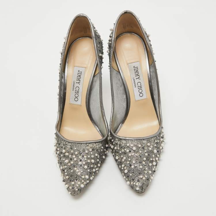 Pre Owned Jimmy Choo Grey Embellished Lace Romy Pumps Size 37