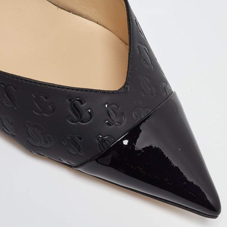 مملوكة مسبقًا Jimmy Choo Black Logo Embossed Leather Liya Slingback Pumps Size 37.5