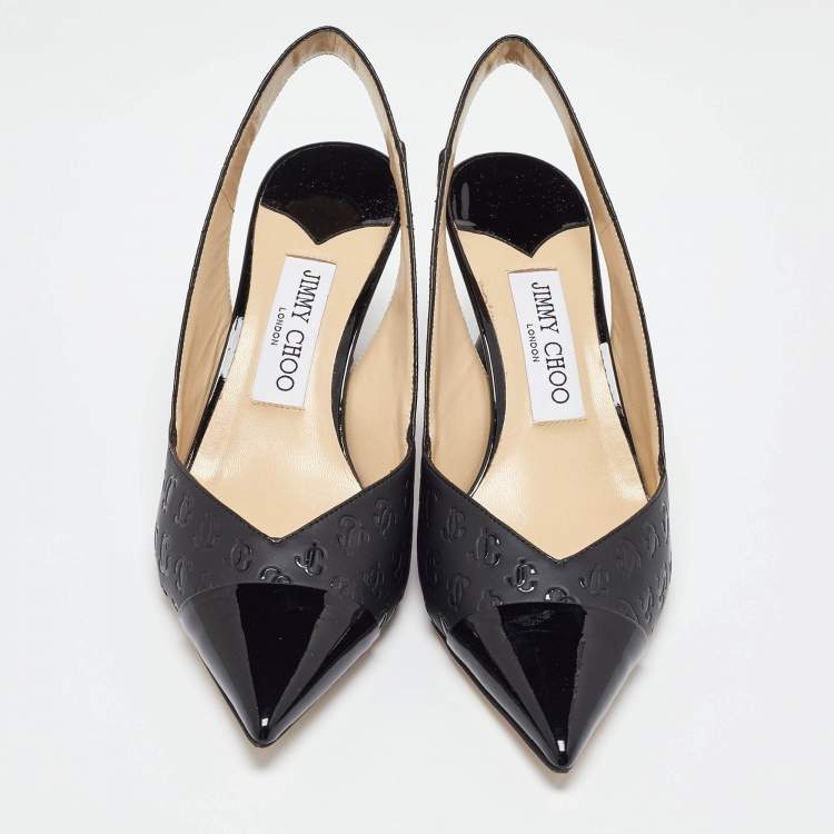 مملوكة مسبقًا Jimmy Choo Black Logo Embossed Leather Liya Slingback Pumps Size 37.5