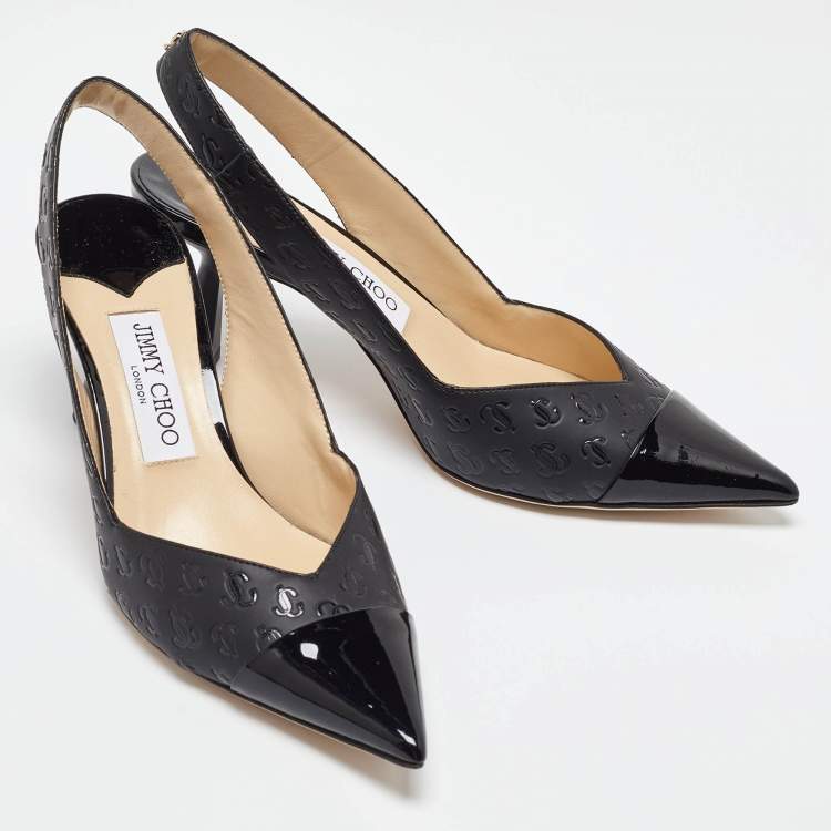 مملوكة مسبقًا Jimmy Choo Black Logo Embossed Leather Liya Slingback Pumps Size 37.5