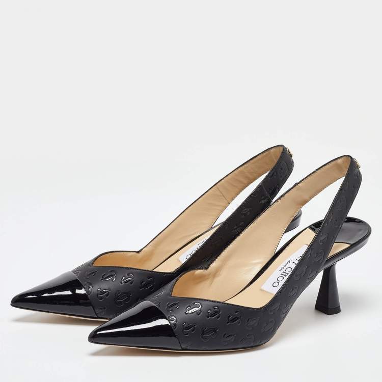 مملوكة مسبقًا Jimmy Choo Black Logo Embossed Leather Liya Slingback Pumps Size 37.5