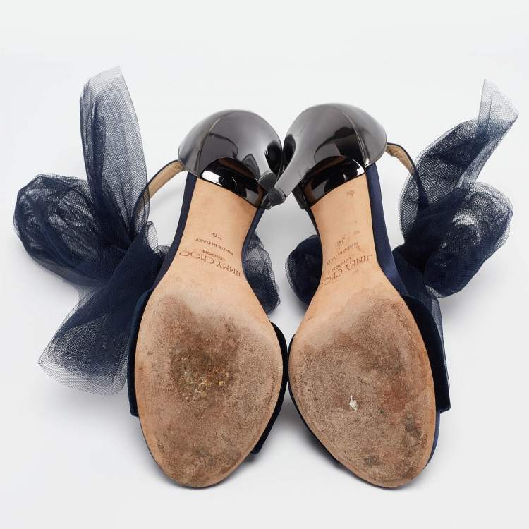 Pre Owned Jimmy Choo Navy Blue/Grey Velvet and Leather Lilyth Sandals Size 36