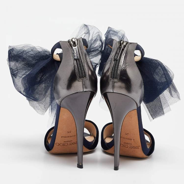 Pre Owned Jimmy Choo Navy Blue/Grey Velvet and Leather Lilyth Sandals Size 36