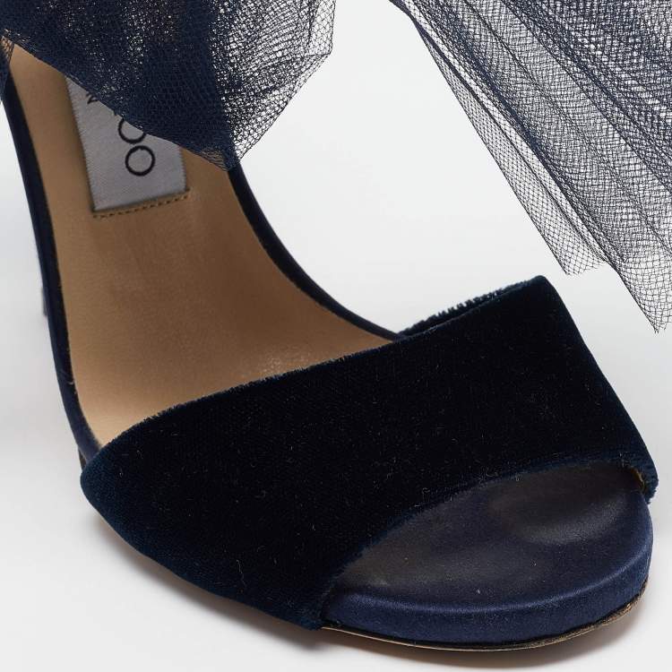 Pre Owned Jimmy Choo Navy Blue/Grey Velvet and Leather Lilyth Sandals Size 36