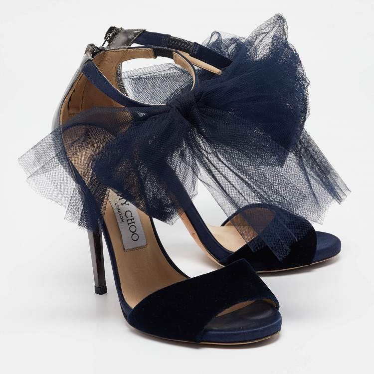 Pre Owned Jimmy Choo Navy Blue/Grey Velvet and Leather Lilyth Sandals Size 36