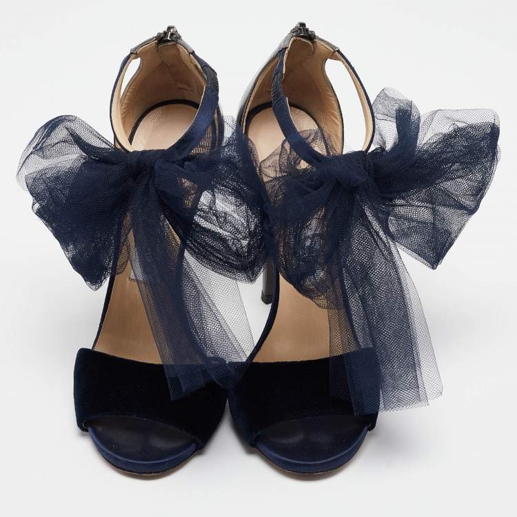 Pre Owned Jimmy Choo Navy Blue/Grey Velvet and Leather Lilyth Sandals Size 36