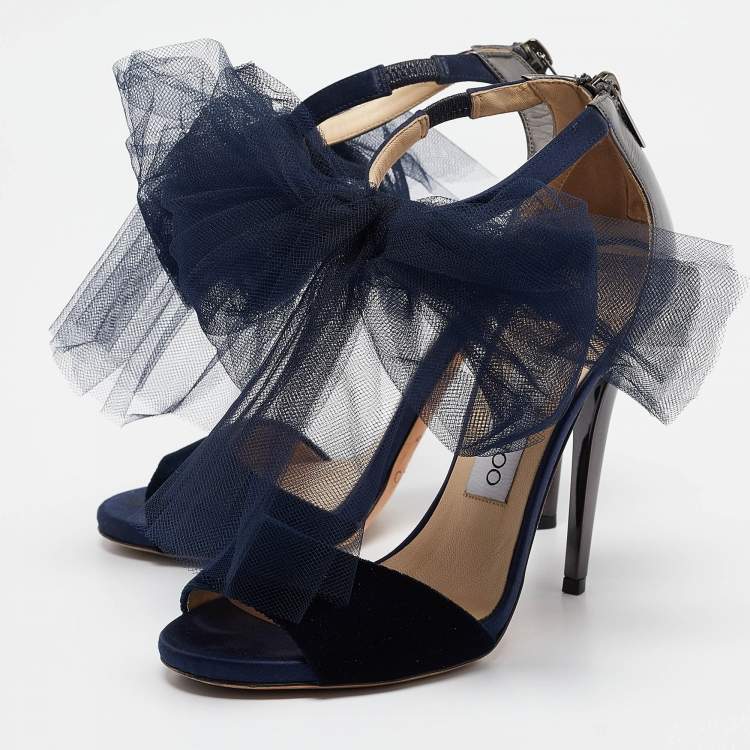 Pre Owned Jimmy Choo Navy Blue/Grey Velvet and Leather Lilyth Sandals Size 36