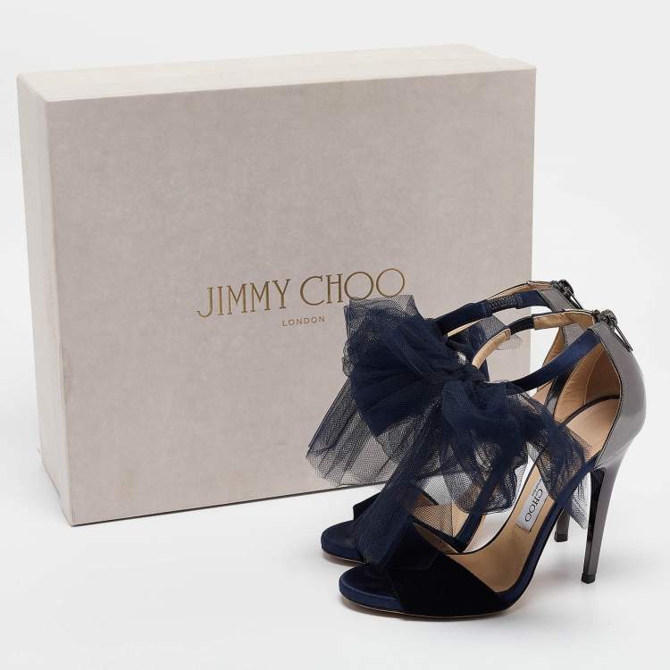 Pre Owned Jimmy Choo Navy Blue/Grey Velvet and Leather Lilyth Sandals Size 36