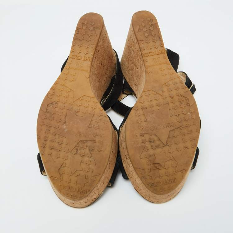 Pre Owned Jimmy Choo Black Suede Cork Wedge Ankle Strap Sandals Size 38