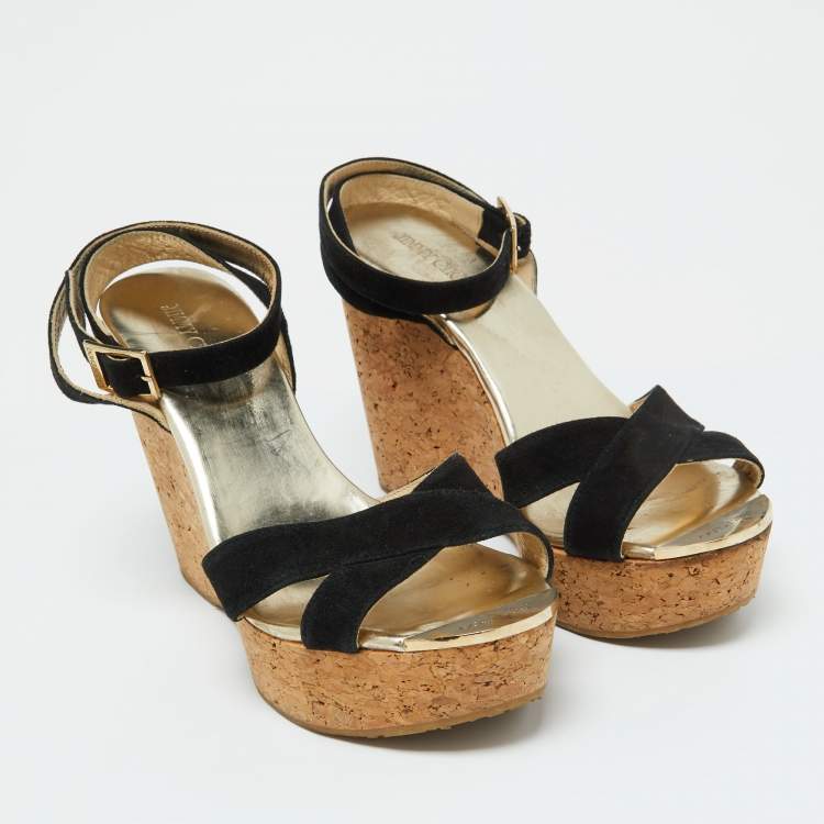 Pre Owned Jimmy Choo Black Suede Cork Wedge Ankle Strap Sandals Size 38