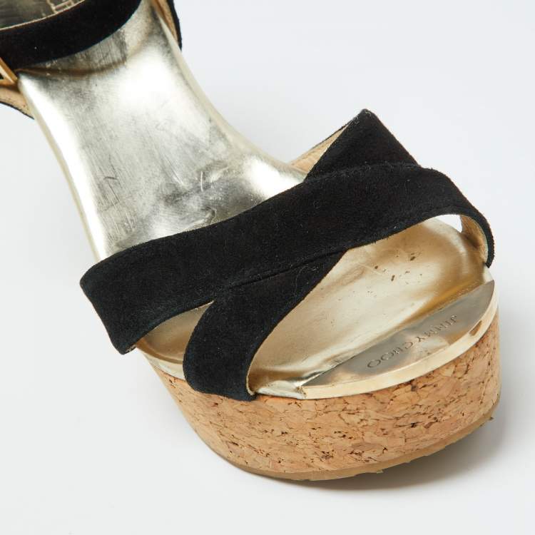 Pre Owned Jimmy Choo Black Suede Cork Wedge Ankle Strap Sandals Size 38