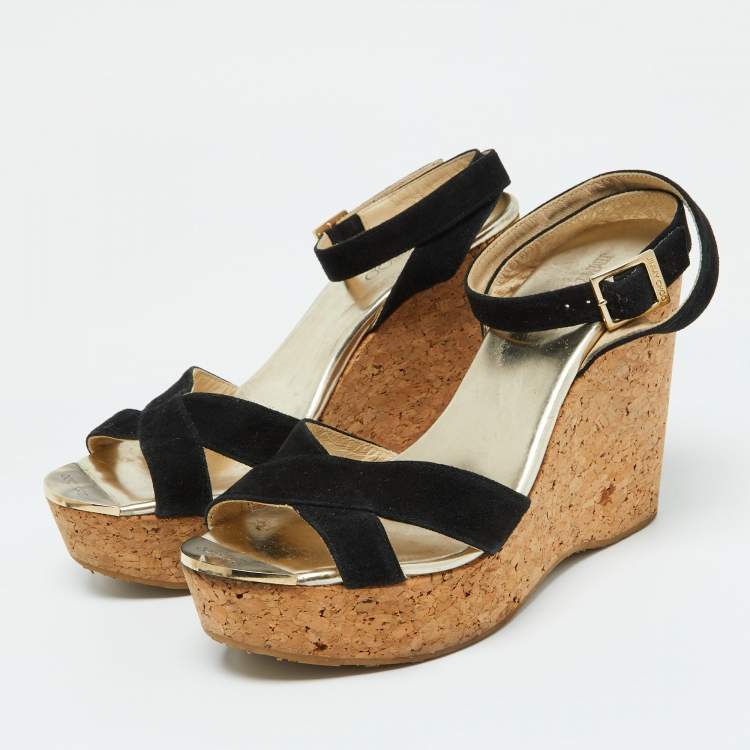 Pre Owned Jimmy Choo Black Suede Cork Wedge Ankle Strap Sandals Size 38