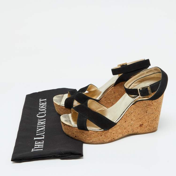Pre Owned Jimmy Choo Black Suede Cork Wedge Ankle Strap Sandals Size 38