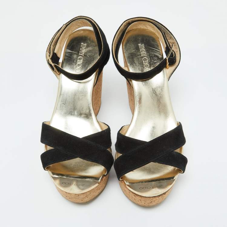 Pre Owned Jimmy Choo Black Suede Cork Wedge Ankle Strap Sandals Size 38