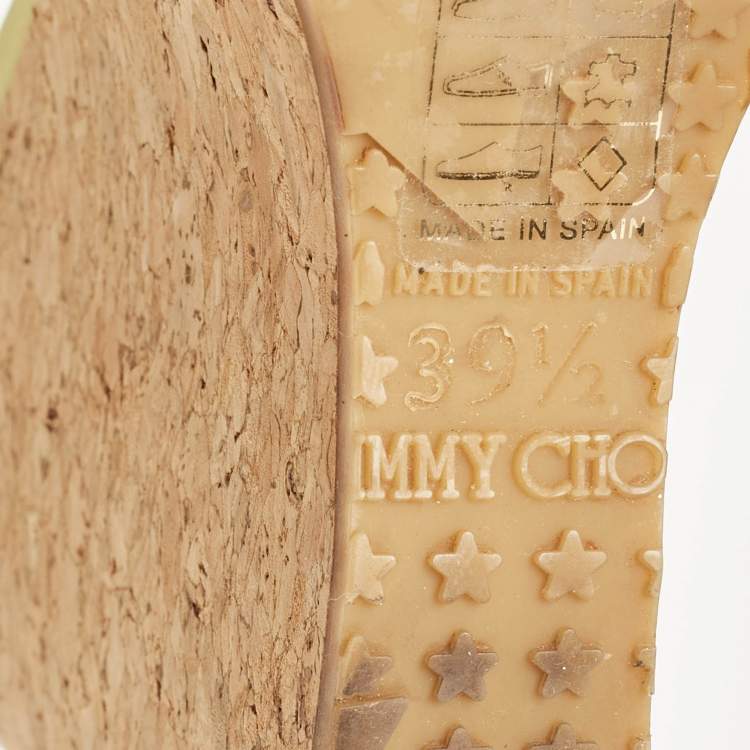 Pre Owned Jimmy Choo Light Green Patent Leather Pania Cork Wedge Sandals Size 39.5