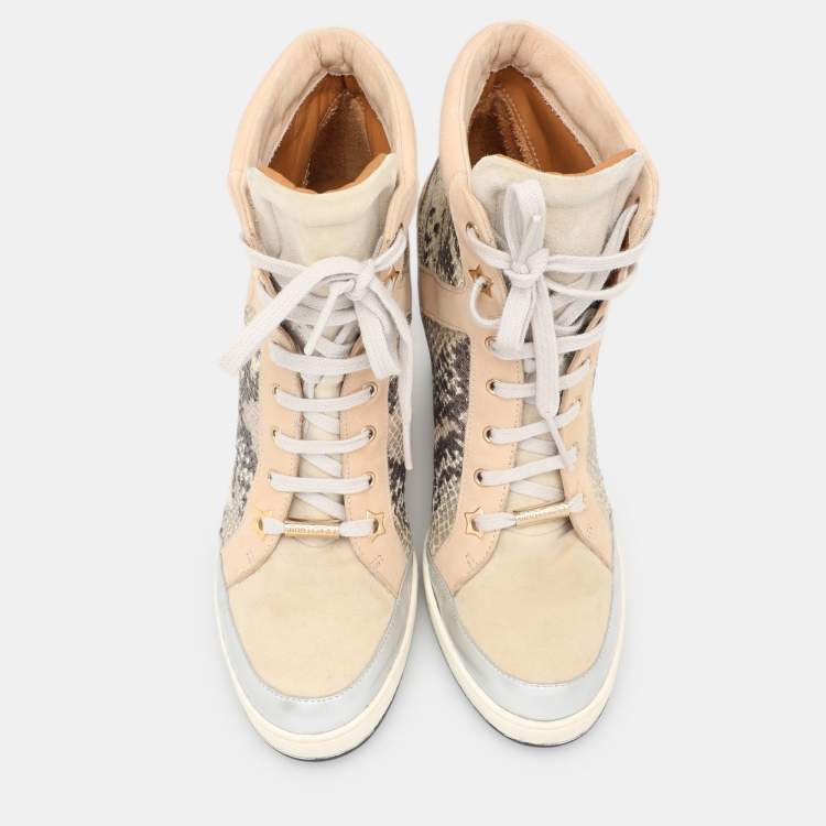 Pre Owned Jimmy Choo Multicolor Suede and Python Embossed Leather Panama Wedge Sneakers Size 39