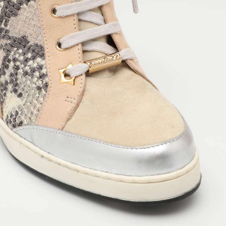Pre Owned Jimmy Choo Multicolor Suede and Python Embossed Leather Panama Wedge Sneakers Size 39