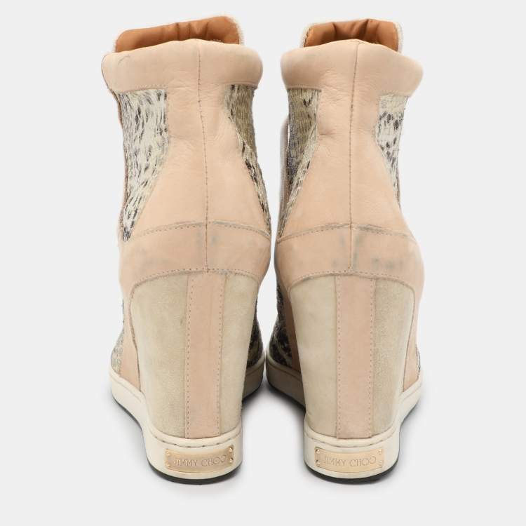 Pre Owned Jimmy Choo Multicolor Suede and Python Embossed Leather Panama Wedge Sneakers Size 39