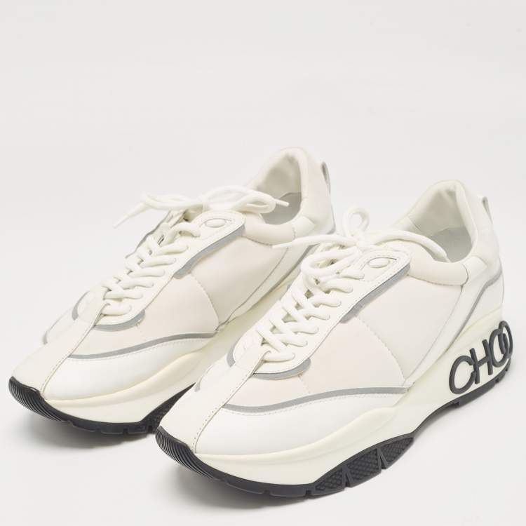 Pre Owned Jimmy Choo White Fabric and Leather Raine Lace Up Sneakers Size 41.5