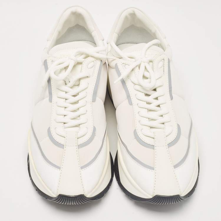 Pre Owned Jimmy Choo White Fabric and Leather Raine Lace Up Sneakers Size 41.5