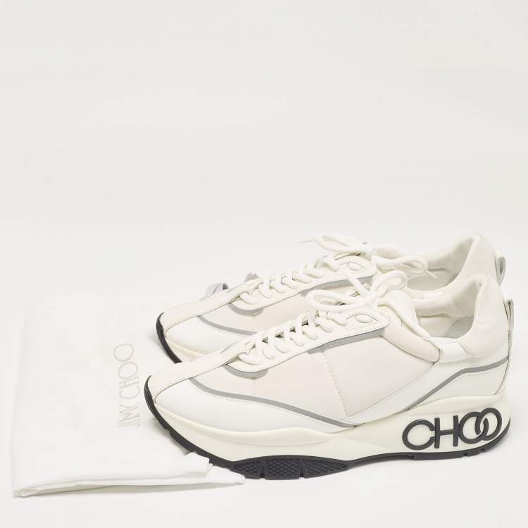 Pre Owned Jimmy Choo White Fabric and Leather Raine Lace Up Sneakers Size 41.5