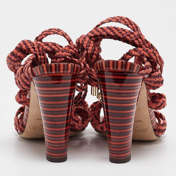 Pre Owned Jimmy Choo Two Tone Woven Suede and Leather Ankle Tie Sandals Size 37