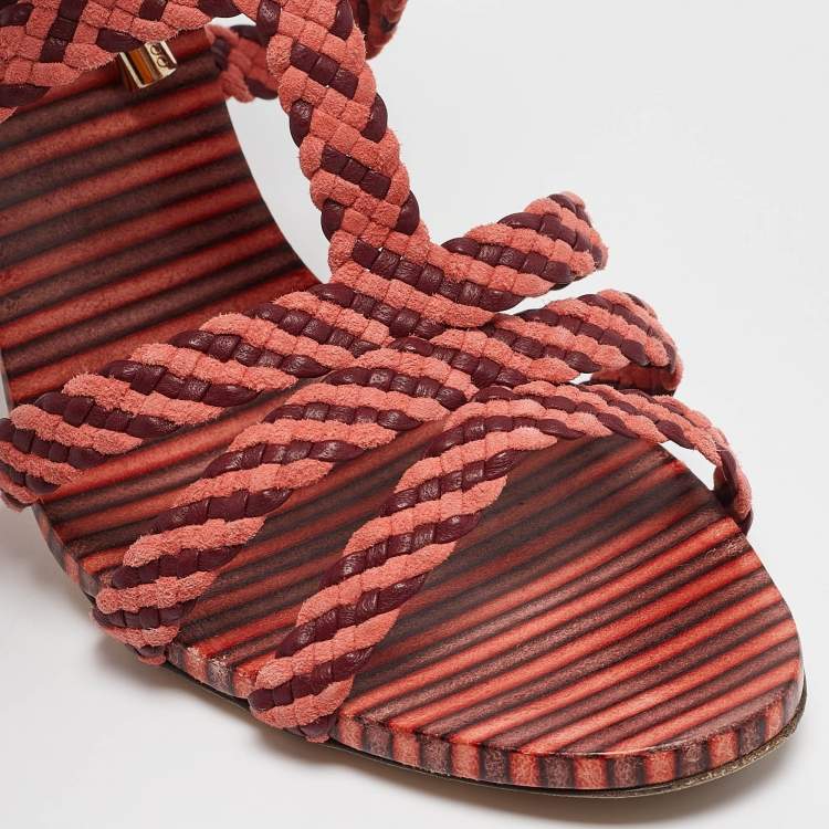 Pre Owned Jimmy Choo Two Tone Woven Suede and Leather Ankle Tie Sandals Size 37
