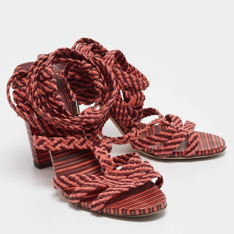 Pre Owned Jimmy Choo Two Tone Woven Suede and Leather Ankle Tie Sandals Size 37