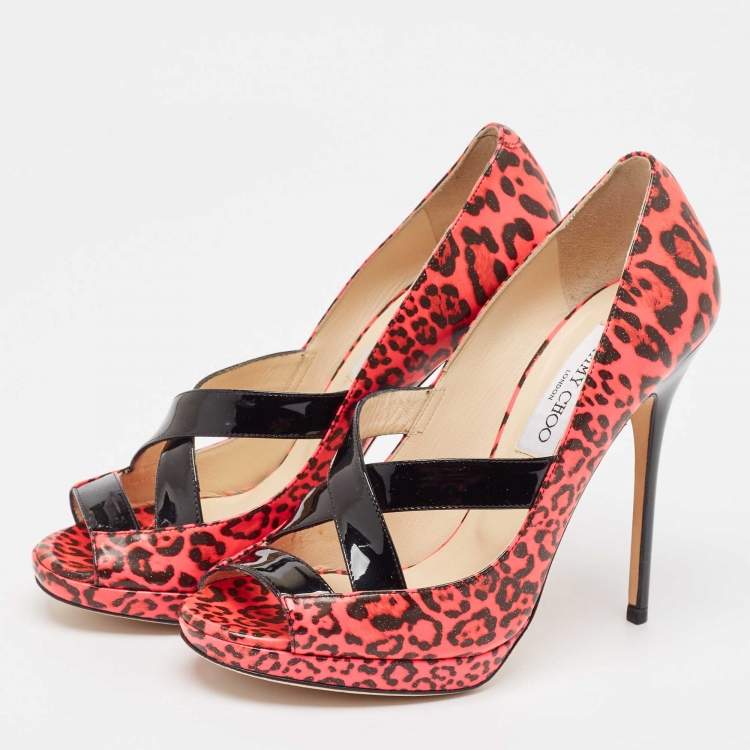 Pre Owned Jimmy Choo Pink Patent Leather Gesture Peep Toe Pumps Size 38.5