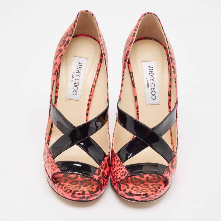 Pre Owned Jimmy Choo Pink Patent Leather Gesture Peep Toe Pumps Size 38.5